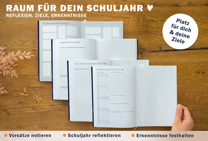 Seiten „So war das Schuljahr“, „Ziele, Visionen, Vorhaben, Vorsätze“, „Monatsplanung & Reflexion“ sowie große gepunktete Notizseite; „Platz für dich & deine Ziele“; klimaneutral gedruckt