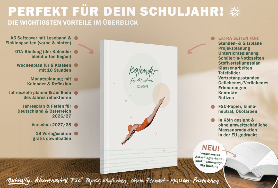 A5 Lehrerplaner 2026/27: Leseband & Einklappseiten, Wochenplan 8 Klassen/10 Stunden, Monatsplanung & Reflexion, Jahresplan & Ferien, Vorschau 27/28, 19 Vorlagen gratis; FSC-Papier, klimaneutral, Ökofarben, EU-Druck