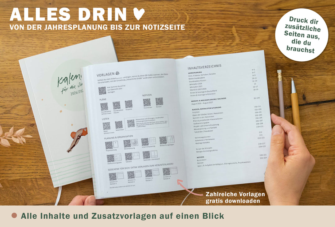 Inhaltsverzeichnis plus QR-Übersicht „Vorlagen“ (Pläne/Listen/Notizen) und Hinweis „Zahlreiche Vorlagen gratis downloaden“ im A5 Lehrerkalender; nachhaltig produziert (FSC/klimaneutral)