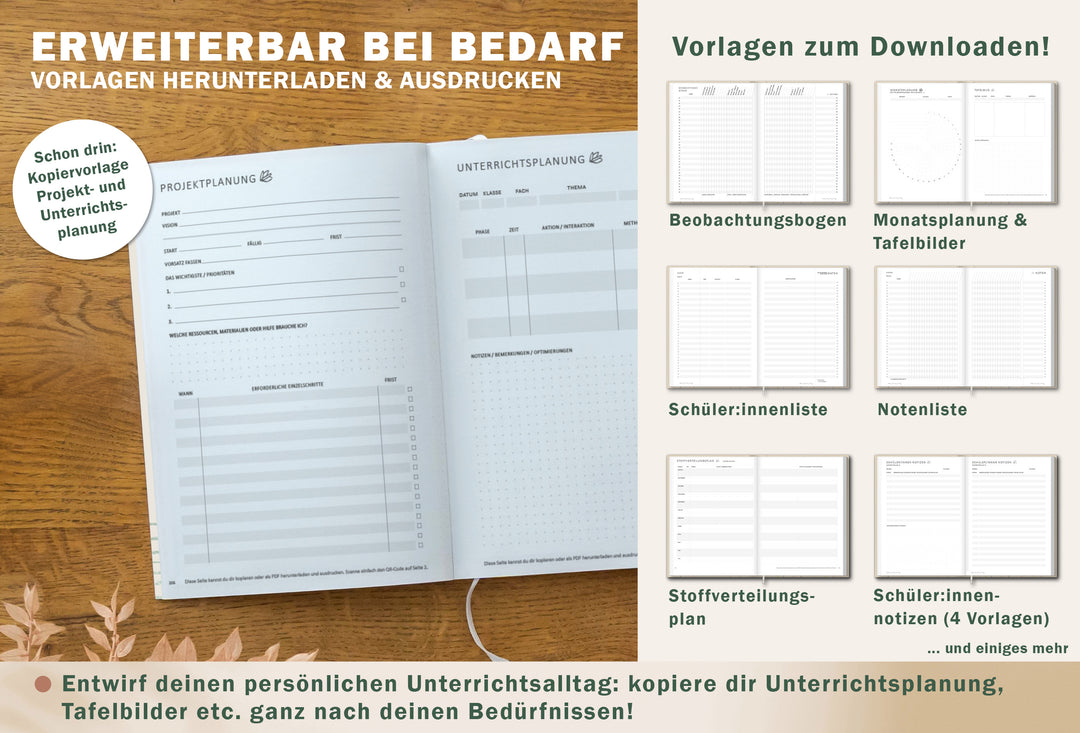 Doppelseite „Projektplanung“ und „Unterrichtsplanung“ mit Feldern/Checklisten; daneben Download-Vorlagen: Beobachtungsbogen, Monatsplanung & Tafelbilder, Schüler:innenliste, Notenliste, Stoffverteilungsplan, Schüler:innen-Notizen; nachhaltig produziert (FSC/klimaneutral)