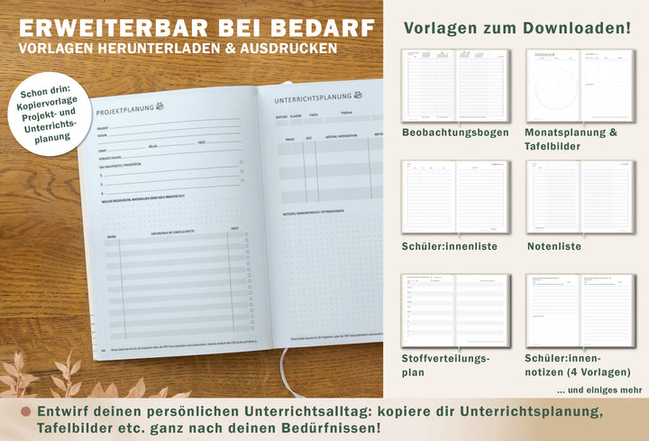 Doppelseite „Projektplanung“ und „Unterrichtsplanung“ mit Feldern/Checklisten; daneben Download-Vorlagen: Beobachtungsbogen, Monatsplanung & Tafelbilder, Schüler:innenliste, Notenliste, Stoffverteilungsplan, Schüler:innen-Notizen; nachhaltig produziert (FSC/klimaneutral)