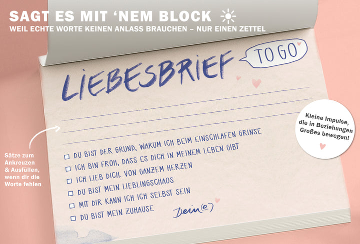 Liebesbrief to go - Abreißblock zum ankreuzen, für verliebte Pärchen, Liebespaare, für Hochzeit, Hochzeitspaar, als Aufmerksamkeit, Liebesbeweis, Brief mit herz, schwarz weiß