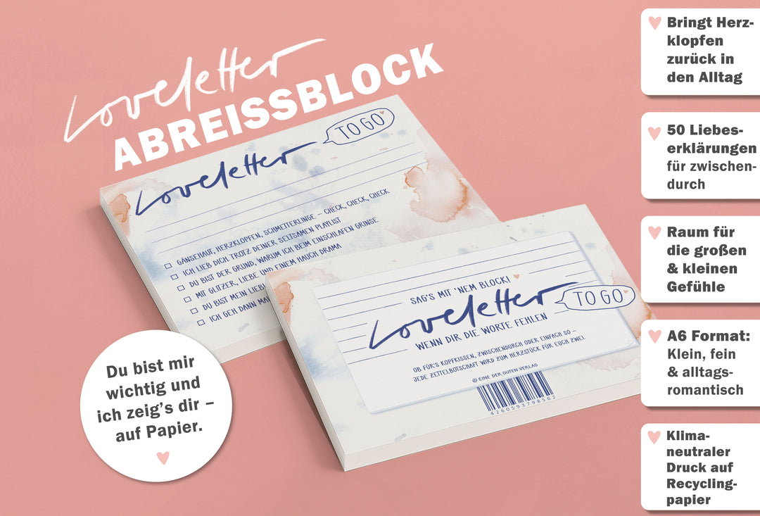 Liebesbrief to go - Abreißblock zum ankreuzen, für verliebte Pärchen, Liebespaare, für Hochzeit, Hochzeitspaar, als Aufmerksamkeit, Liebesbeweis, Brief mit herz, blau weiß rosa