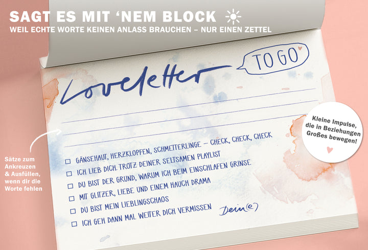 Liebesbrief to go, Abreißblock für verliebte Pärchen, Aufmerksamkeit & Liebesbeweis, Brief mit Herz zum Ankreuzen mit Platz für liebe Worte