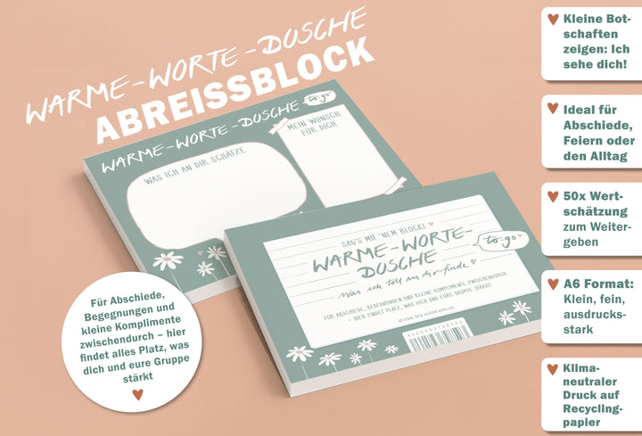 Briefblock – Warme‑Worte‑Dusche to‑go |  A6 Abreißblock mit 50 Blatt | dein Block für echte Komplimente