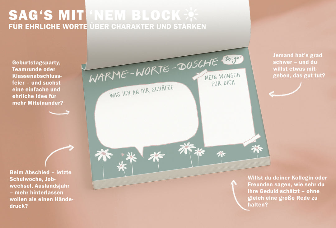 Briefblock – Warme‑Worte‑Dusche to‑go |  A6 Abreißblock mit 50 Blatt | dein Block für echte Komplimente