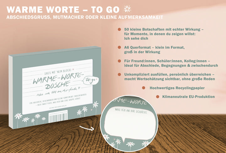 Briefblock – Warme‑Worte‑Dusche to‑go |  A6 Abreißblock mit 50 Blatt | dein Block für echte Komplimente