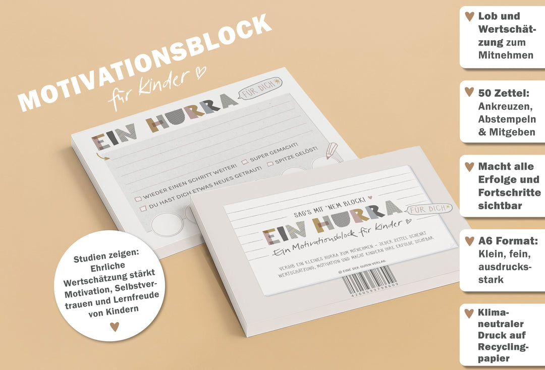 Motivationsblock für Kinder – Ein Hurra | A6 Abreißblock mit 50 Blatt | Wertschätzung & Lobkarten