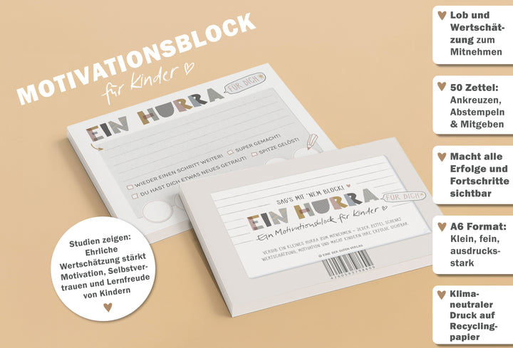 Motivationsblock für Kinder – Ein Hurra | A6 Abreißblock mit 50 Blatt | Wertschätzung & Lobkarten