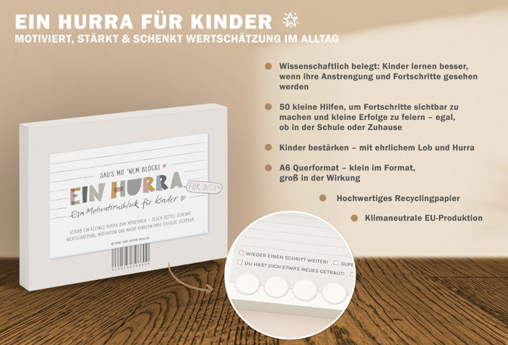 Motivationsblock für Kinder – Ein Hurra | A6 Abreißblock mit 50 Blatt | Wertschätzung & Lobkarten