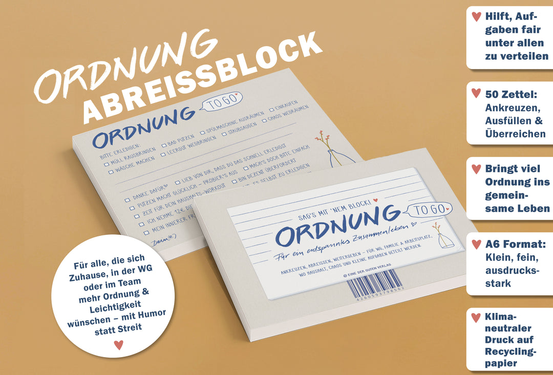Briefblock – Ordnung to go | A6 Abreißblock mit 50 Blatt | dein Block für Haushalt & gemeinsames Wohnen