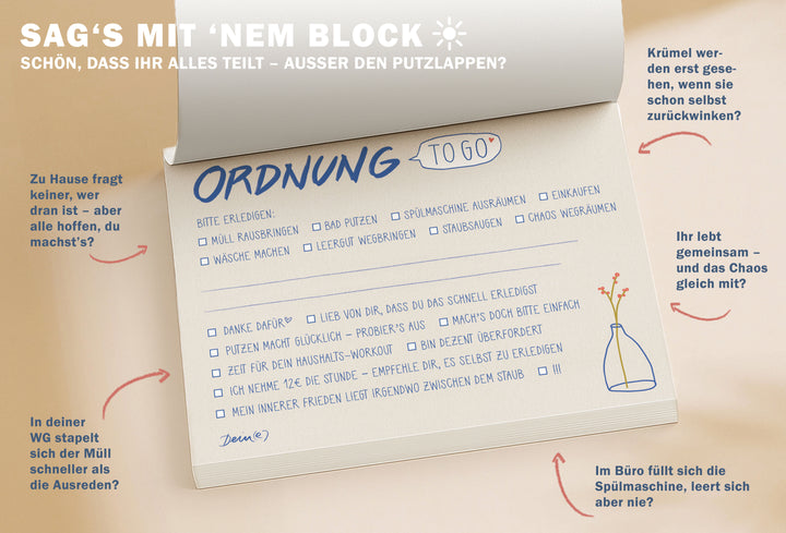 Briefblock – Ordnung to go | A6 Abreißblock mit 50 Blatt | dein Block für Haushalt & gemeinsames Wohnen