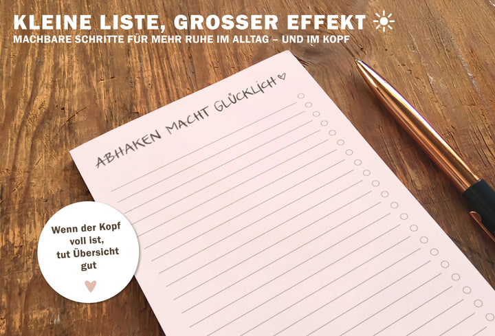 Listenblock „Abhaken macht glücklich“ aus Recyclingpapier, DIN lang