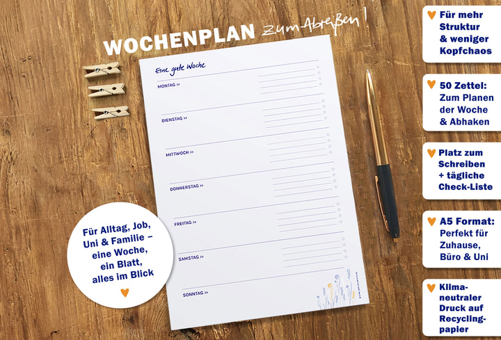 Nachhaltiger Wochenplaner, A5 Abreißblock, Blau Orange