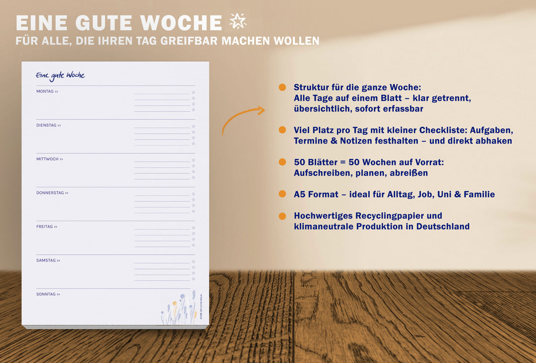 Wochenplaner Abreißblock A5 – Eine gute Woche – mit 50 Blatt Recyclingpapier