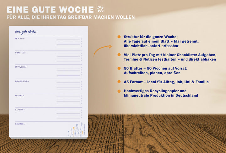 Wochenplaner Abreißblock A5 – Eine gute Woche – mit 50 Blatt Recyclingpapier