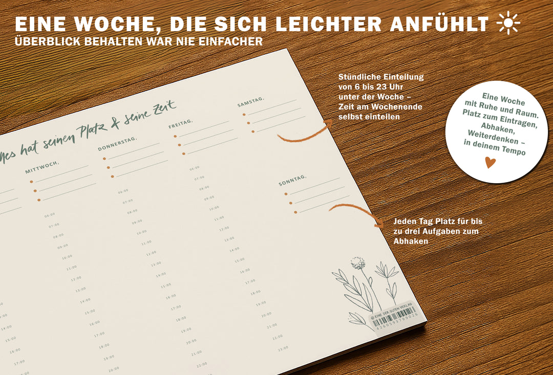 Wochenplaner Abreißblock mit Stunden und To-do-Liste, klimaneutral gedruckt