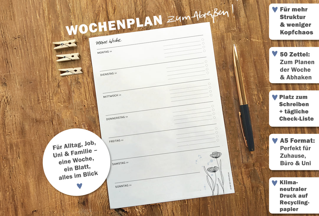 A5 Wochenplaner Block aus Recyclingpapier mit 50 Blatt zum Abreißen