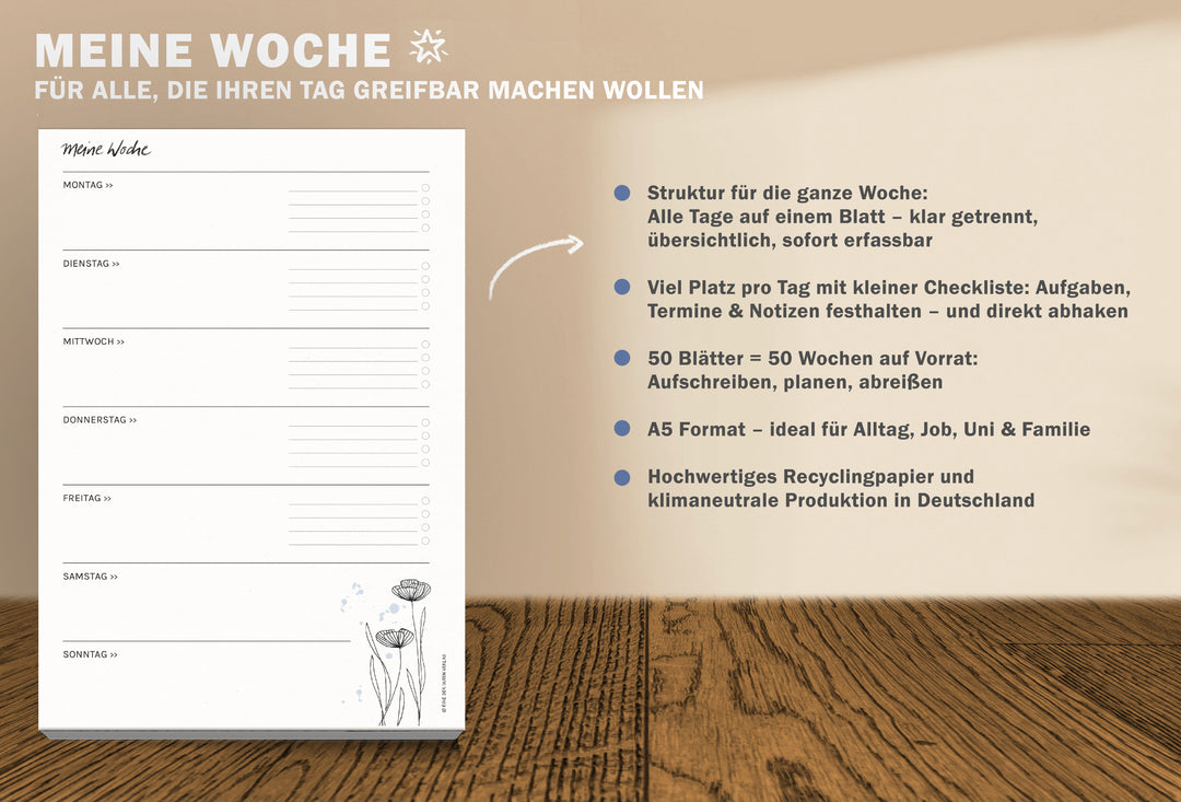 Wochenplaner Abreißblock A5 – Meine Woche – mit 50 Blatt Recyclingpapier