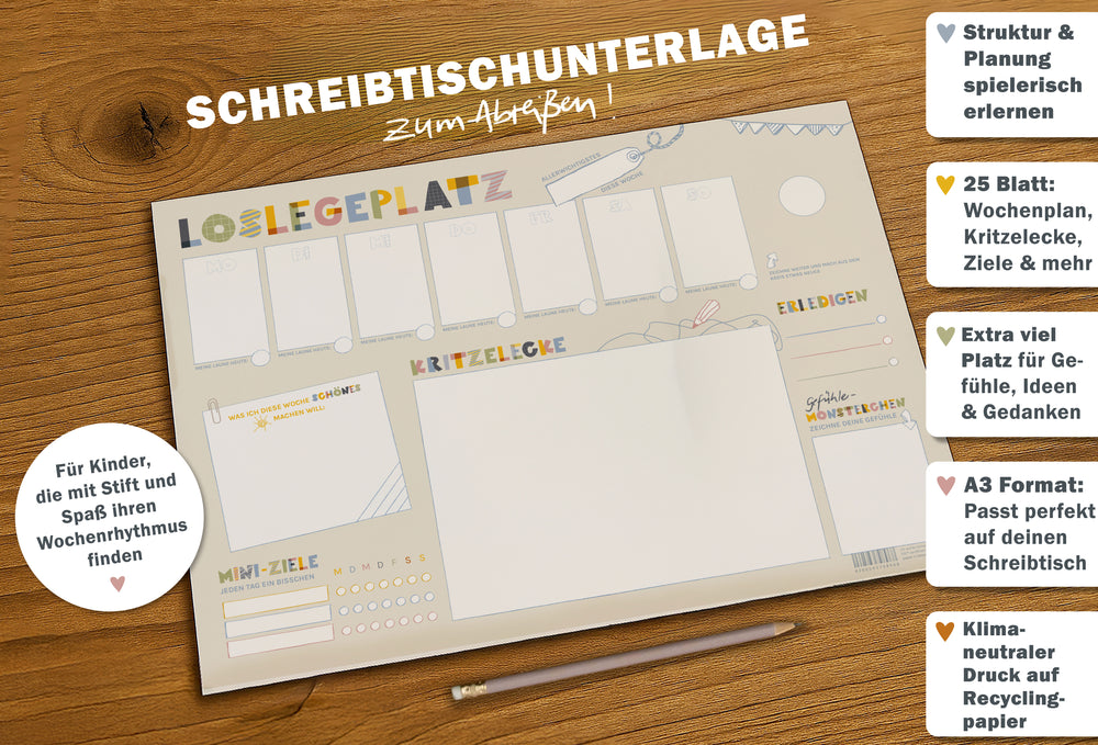 Nachhaltige Kinder-Schreibtischunterlage aus Recyclingpapier mit To-dos und Kritzelbereich