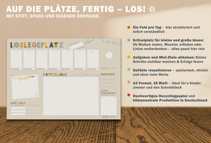 Bunte Planungsunterlage für Kinder mit Aufgabenfeld und Stimmungsecke