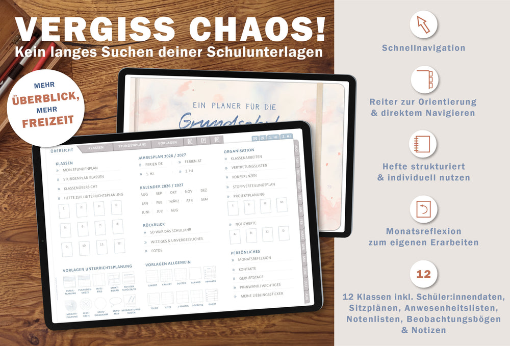 Digitaler Grundschulplaner 2026/2027 – Lehrerplaner PDF Grundschule für iPad & GoodNotes – rosa blau