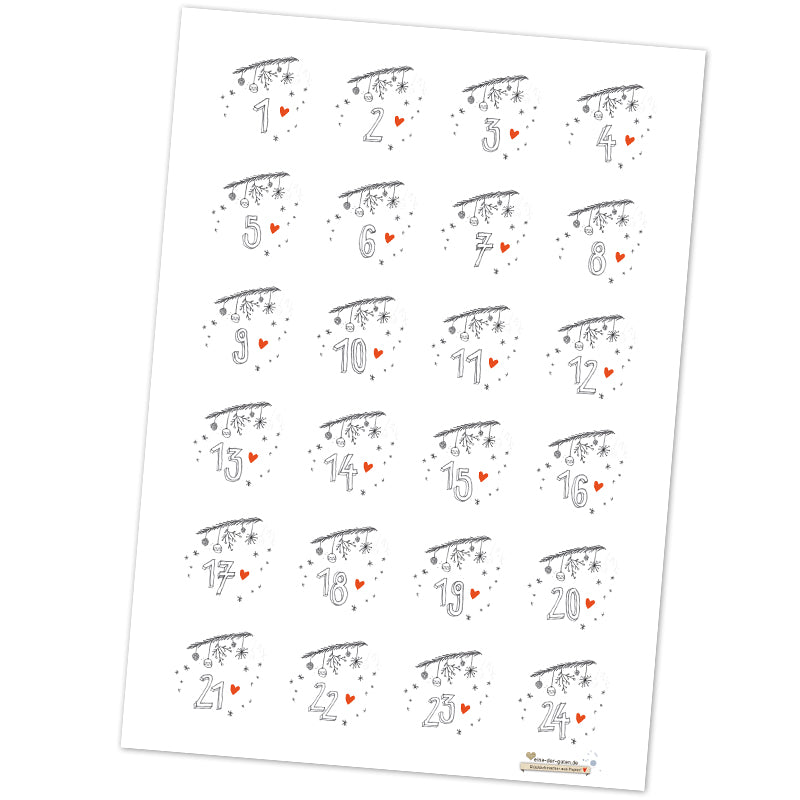 24 Adventskalenderzahlen für Kinder und Erwachsene, selbstklebende Sticker zum Adventskalender basteln, Weiß Grau, rund, 40 mm