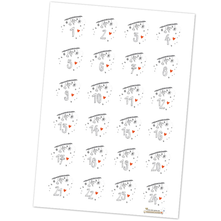 24 Adventskalenderzahlen für Kinder und Erwachsene, selbstklebende Sticker zum Adventskalender basteln, Weiß Grau, rund, 40 mm