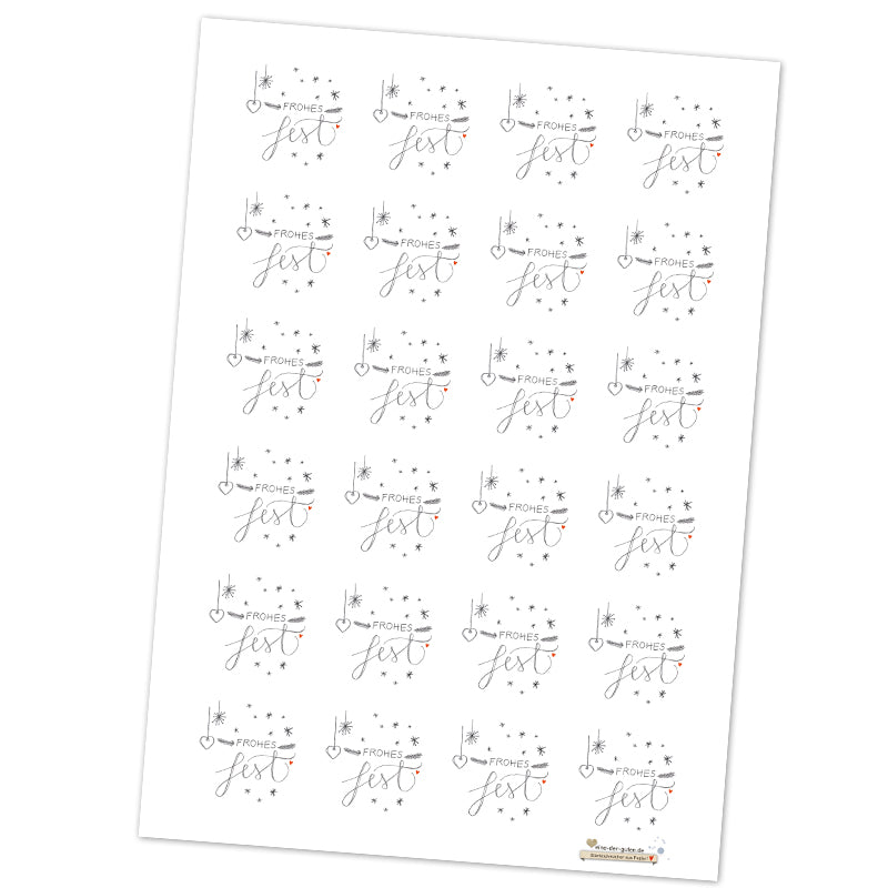 Frohes Fest! 24 runde Sticker im Handlettering Design zum Verpacken deiner Weihnachtsgeschenke, 4cm, Weiß Grau Rot