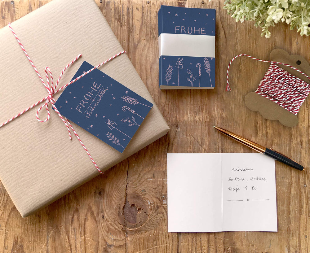 25 Geschenkanhänger frohe Weihnachten Blau Rosa | originelle mini Weihnachtskarten zum Weihnachtsgeschenke Beschriften | A7 Recyclingpapier Klappkarten