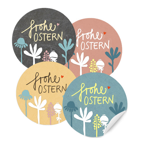 24 gemischte Ostersticker  - Frohe Ostern, 4 Motive in Pastell mit Blumen im Vintage Scherenschnitt Design, matt, zum Verzieren deiner Ostergrüße