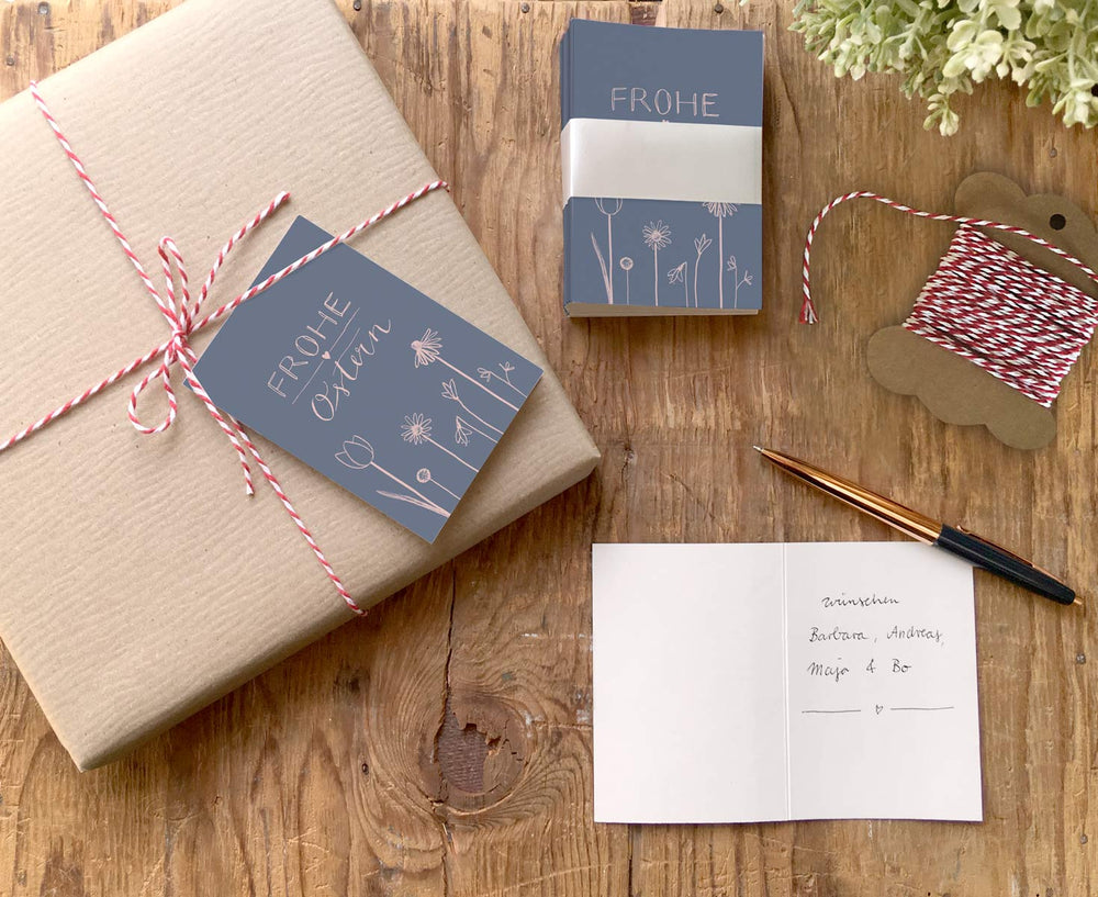 25 Geschenkanhänger frohe Ostern | Blau Rosa | originelle mini Osterkarten zum Ostergeschenke Beschriften | A7 Recyclingpapier Klappkarten