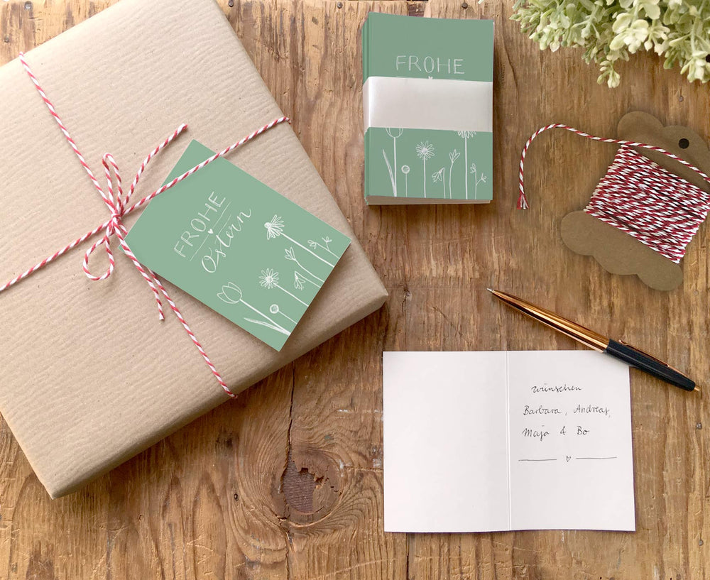 25 Geschenkanhänger frohe Ostern | Grün Weiß | originelle mini Osterkarten zum Ostergeschenke Beschriften | A7 Recyclingpapier Klappkarten