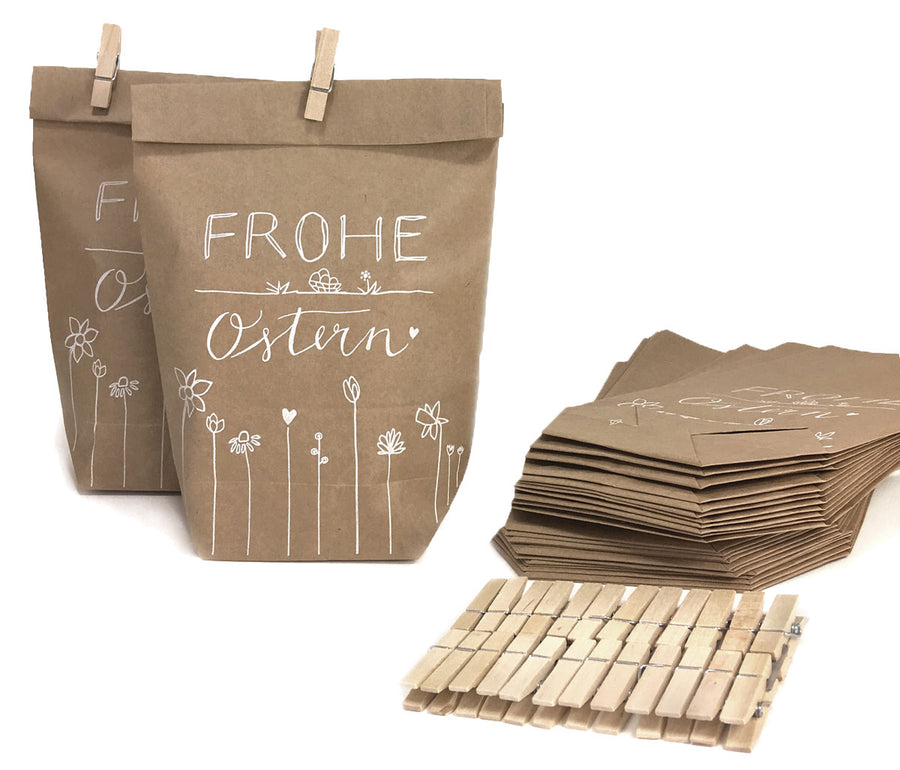 24 Ostertüten - frohe Ostern | Osternest Alternative für Ostergrüße, Mitgebsel & Giveaways | 14 cm x 22 cm | inkl. 24 FSC Holz Miniklammern