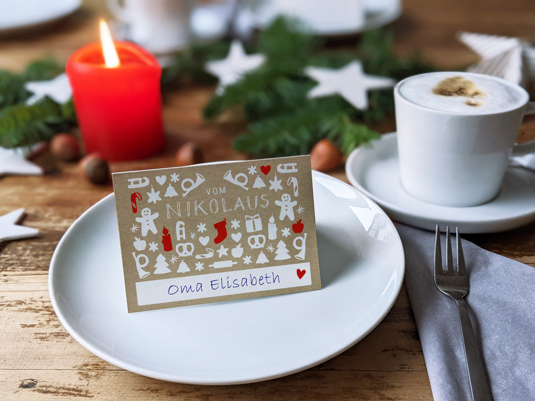 25 Geschenkanhänger vom Nikolaus BEIGE | originelle mini Weihnachtskarten zum Weihnachtsgeschenke Beschriften | A7 Recyclingpapier Klappkarten