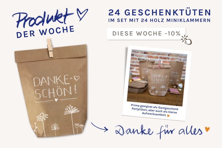 Geschenktueten Dankeschoen als Set mit 24 Tueten aus Papier und 24 Holz Miniklammern