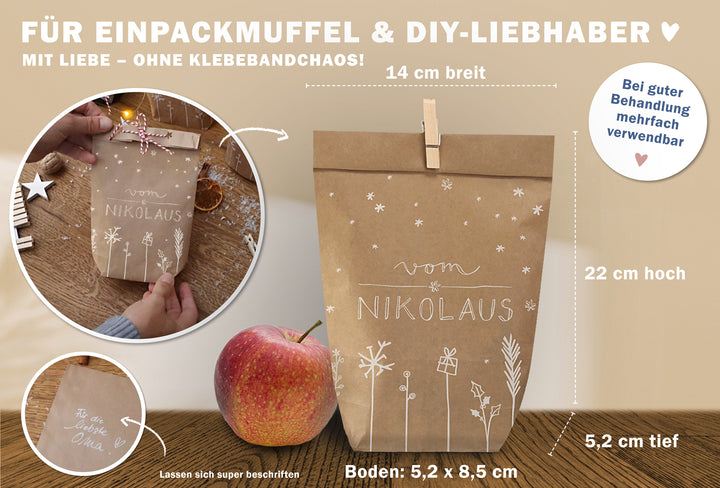 Maßgrafik Nikolaustüte vom Nikolaus: 14 cm breit, 22 cm hoch, 5,2 cm tief, Boden 5,2 x 8,5 cm, Kraftpapier