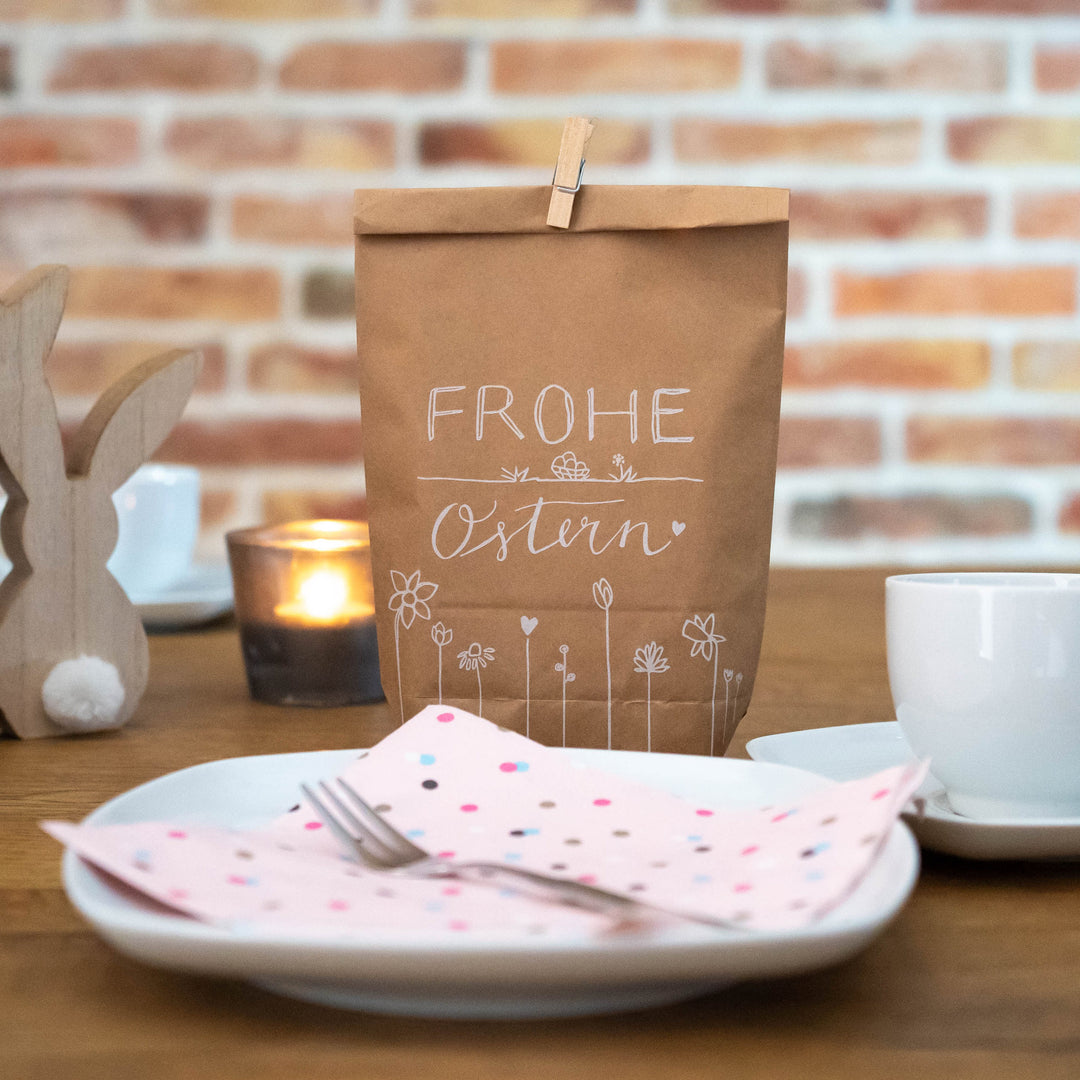 Ostertüten Set - Frohe Ostern - 12 bedruckte Kraftpapiertüten als Osternest Alternative, Geschenktüten für Ostergrüße, Geschenke & Giveaways, 14 cm x 22 cm