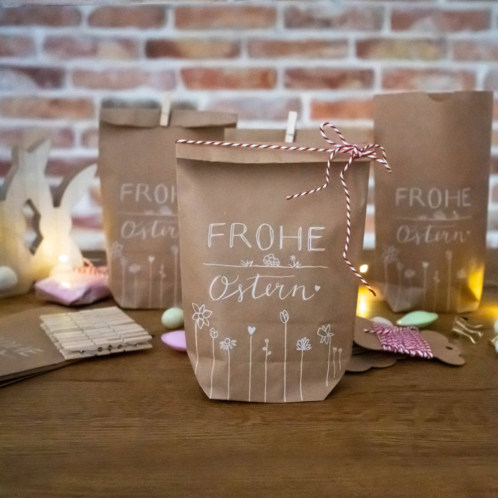 Ostertüten Set - Frohe Ostern - 12 bedruckte Kraftpapiertüten als Osternest Alternative, Geschenktüten für Ostergrüße, Geschenke & Giveaways, 14 cm x 22 cm