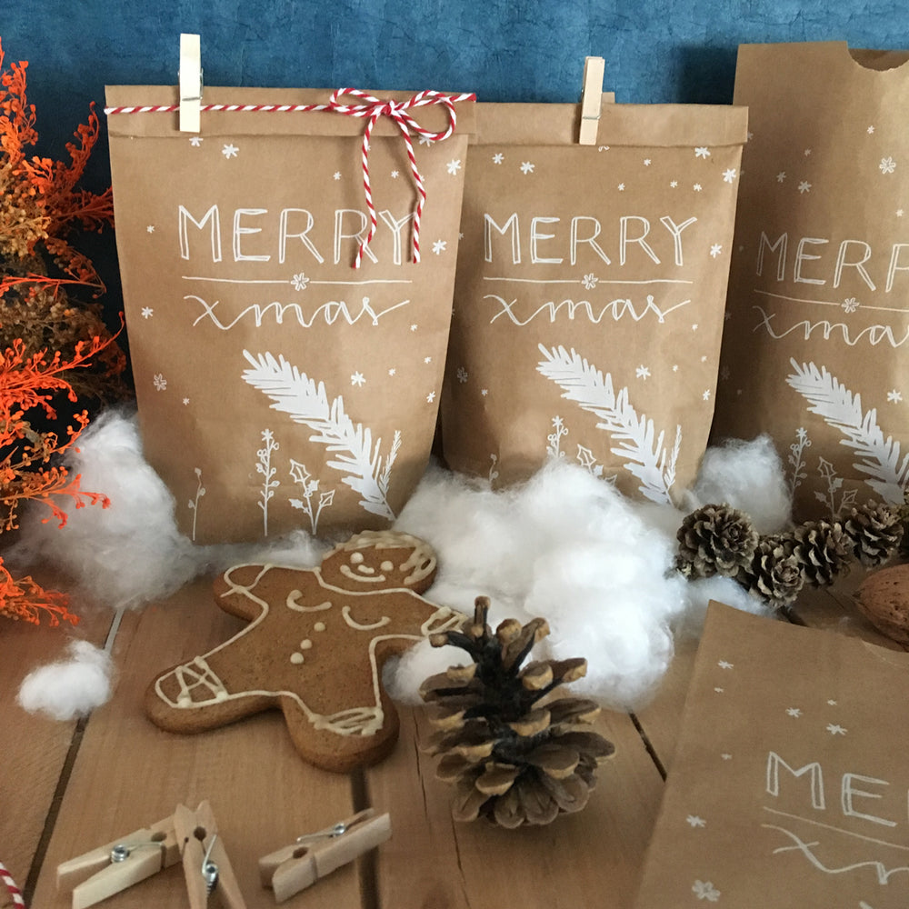 24 Weihnachtstüten Geschenktüten - merry xmas | Geschenkpapier Alternative für Geschenke, Plätzchen, Kekse | 14 cm x 22 cm | mit 24 FSC Holz Miniklammern