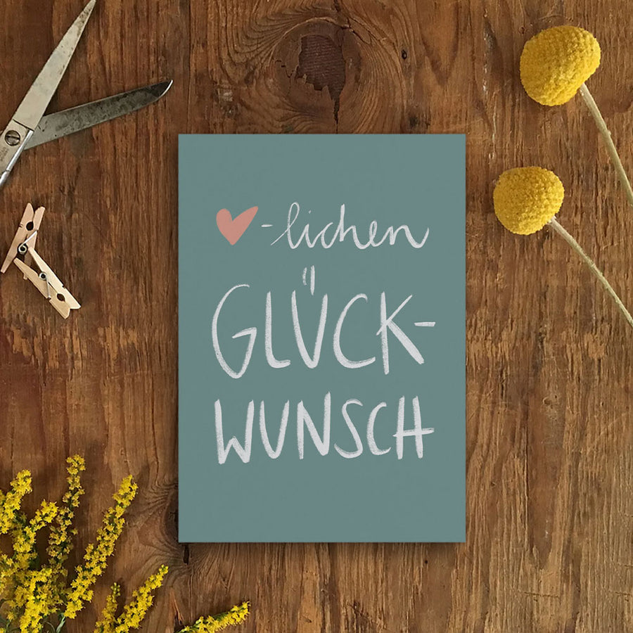 Postkarte Herzlichen Glückwunsch, Mint Weiß Rosa, minimalistisch A6 Recyclingpapier