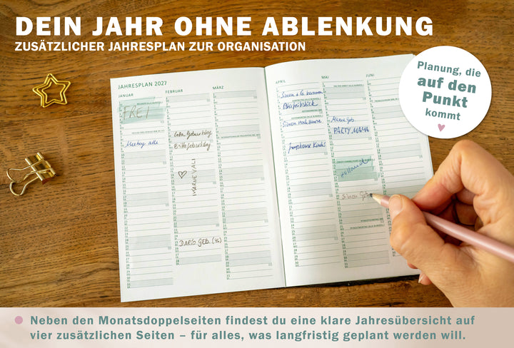 Jahresübersicht 2027 im A6 Kalenderheft in Mint Grün mit vier Seiten für langfristige Planung, Termine und Organisation.