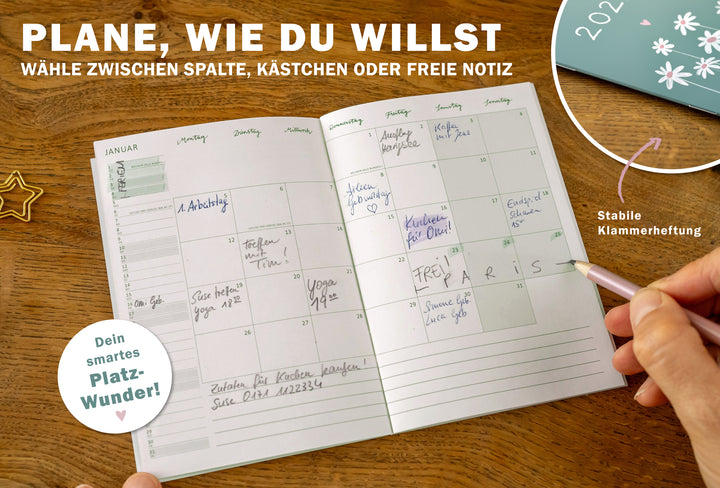 mini A6 Terminkalender für 2027 als Notizheft in Mint mit Jahresplan und Monatsübersicht