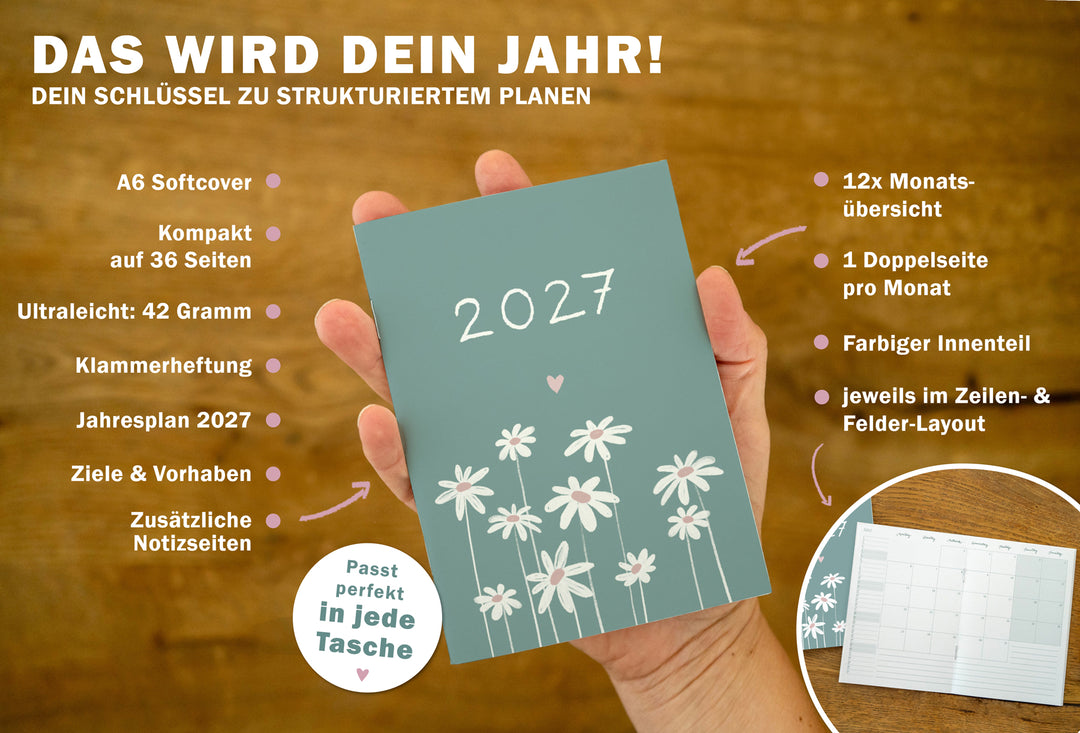 A6 Jahreskalender 2027 im Gänseblumen Design als leichtes Kalenderheft mit 42 Gramm, Monatsübersichten, Jahresplan, Notizseiten und Softcover.