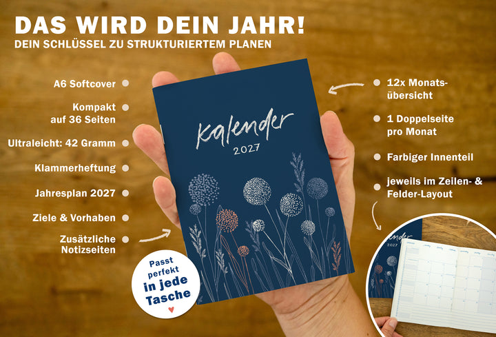 A6 Jahreskalender 2027 im Kugelblumen Design als leichtes Kalenderheft mit 42 Gramm, Monatsübersichten, Jahresplan, Notizseiten und Softcover.