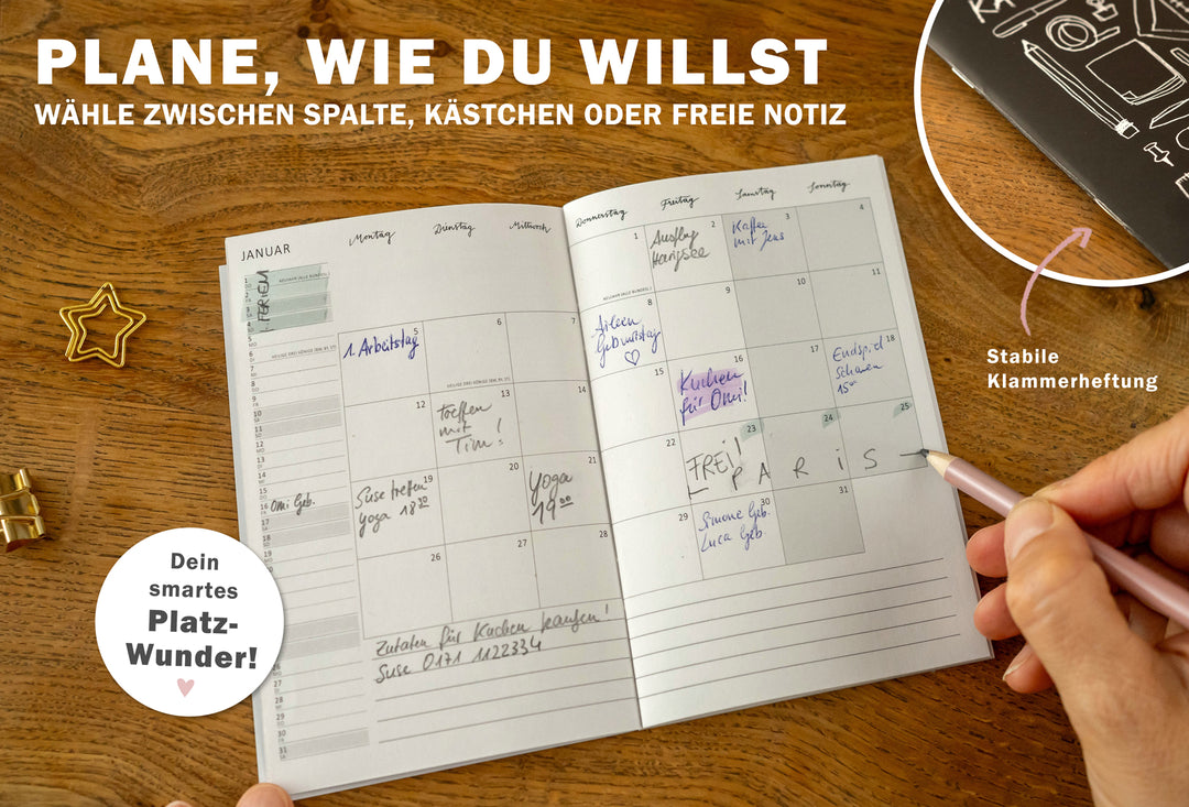 mini A6 Terminkalender für 2027 als Notizheft mit Jahresplan und Monatsübersicht