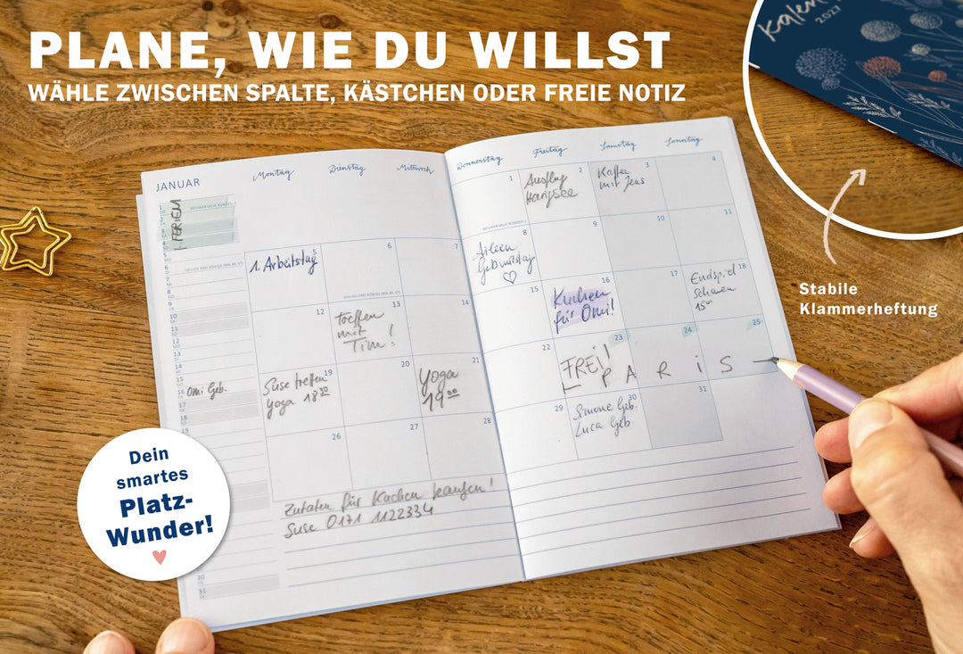 mini A6 Terminkalender für 2027 als Notizheft in Blau mit Jahresplan und Monatsübersicht