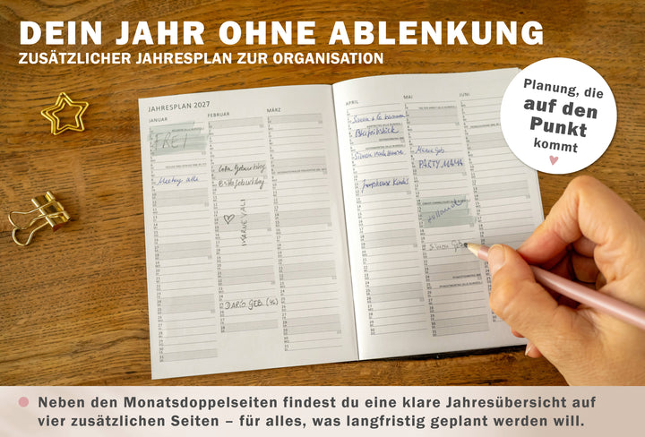 Jahresübersicht 2027 im A6 Kalenderheft mit vier Seiten für langfristige Planung, Termine und Organisation.