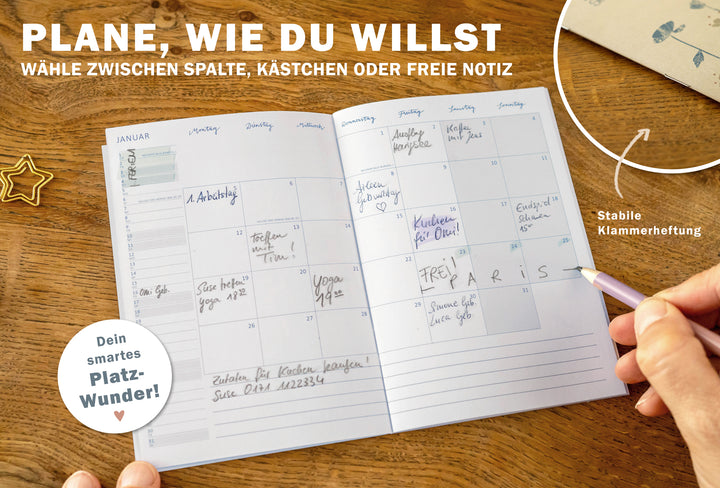 mini A6 Terminkalender für 2027 als Notizheft in Creme Beige mit Jahresplan und Monatsübersicht