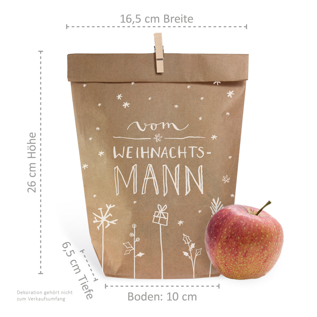 24 Weihnachtstüten Geschenktüten - vom Weihnachtsmann | Geschenkpapier Alternative für Geschenke, Plätzchen, Kekse | 16,5 cm x 26 cm | mit 24 FSC Holz Miniklammern